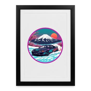 Art rétro des années 90 JDM Mt Fuji Skyline R32 Synthwave - Affiche encadrée (27 × 37 cm) - noir - Devant