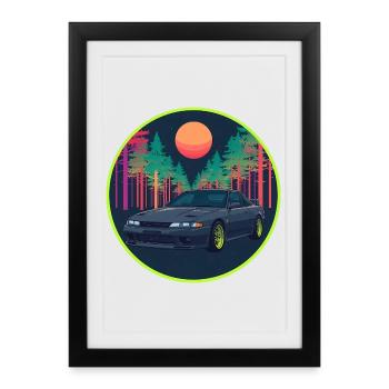 Emblème de lune néon rétro JDM R32 Forest des années 90 - Affiche encadrée (27 × 37 cm) - noir - Devant