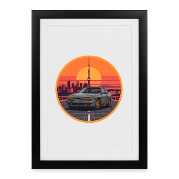 Emblème rétro des années 80 JDM Coupe Tokyo Tower Sunset - Affiche encadrée (27 × 37 cm) - noir - Devant