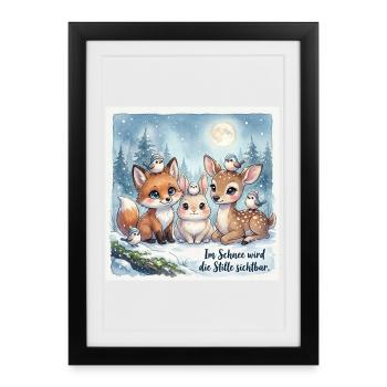 Schneezeit Fuchs Hase Reh - Gerahmtes Poster (27 × 37 cm) - Schwarz - Vorne
