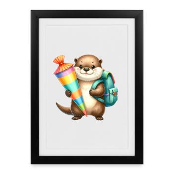Petite loutre avec cône d’école et sacoche - Affiche encadrée (27 × 37 cm) - noir - Devant