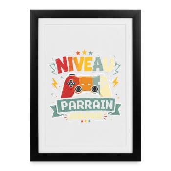 Niveau Parrain Débloqué Annonce Grossesse Cadeau - Affiche encadrée (27 × 37 cm) - noir - Devant