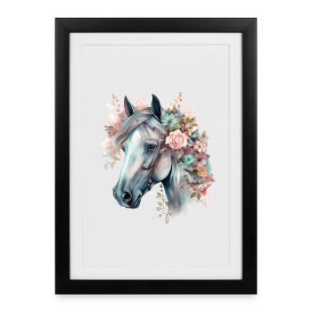 Couronne de cheval florale pastel aquarelle - Affiche encadrée (27 × 37 cm) - noir - Devant