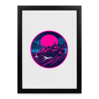 Emblème rétro des années 90 JDM Coupé Rainy Neon Cyber City - Affiche encadrée (27 × 37 cm) - noir - Devant