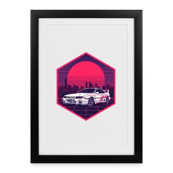 90s Synthwave R32 Racing JDM Neon Hex Sticker - Framed poster (27 × 37 cm) - black - Front