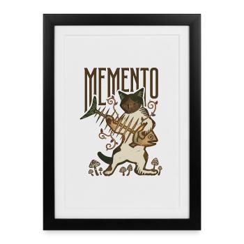Memento Cat Fish Bone Mushroom Funny Vintage Art - Framed poster (27 × 37 cm) - black - Front