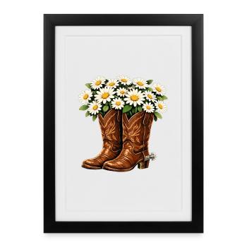 Cowboy Stiefel mit Margeriten Blumen Design - Gerahmtes Poster (27 × 37 cm) - Schwarz - Vorne