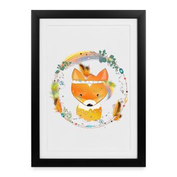 petit renard avec décoration en plumes dans cadre ethno - Affiche encadrée (27 × 37 cm) - noir - Devant
