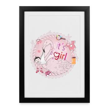 Flamingo with baby and baby utensils in pink - Framed poster (27 × 37 cm) - black - Front