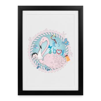 Flamingo with baby and baby utensils in blue - Framed poster (27 × 37 cm) - black - Front