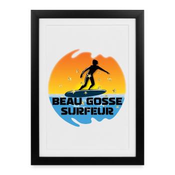 beau gosse surfeur soleil dégradé océan - Affiche encadrée (27 × 37 cm) - noir - Devant