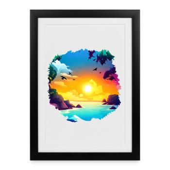 Aquarelle de plage de coucher de soleil d’été - Affiche encadrée (27 × 37 cm) - noir - Devant