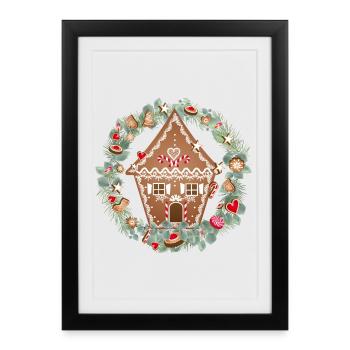 Maison en pain d’épices en couronne d’eucalyptus pour Noël - Affiche encadrée (27 × 37 cm) - noir - Devant