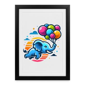 Éléphant volant avec des ballons colorés - Affiche encadrée (27 × 37 cm) - noir - Devant