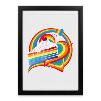 Morceau de gâteau arc-en-ciel à la crème et à la cerise - Affiche encadrée (27 × 37 cm) - noir - Devant