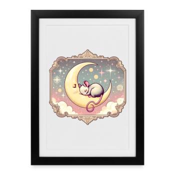 souris endormie paisiblement, sur un croissant de lune - Affiche encadrée (27 × 37 cm) - noir - Devant