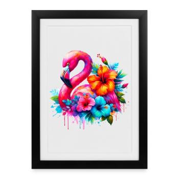 Flamant rose décoré de fleurs d’hibiscus - Affiche encadrée (27 × 37 cm) - noir - Devant