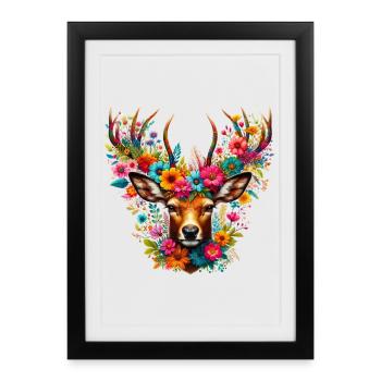 Cerf décoré de fleurs - Affiche encadrée (27 × 37 cm) - noir - Devant