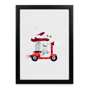 Polar bear in Christmas outfit on a scooter - Framed poster (27 × 37 cm) - black - Front