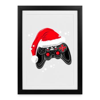 Manette de jeu avec chapeau de Père Noël - Affiche encadrée (27 × 37 cm) - noir - Devant