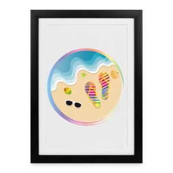 Tongs arc-en-ciel sur la plage de sable - Affiche encadrée (27 × 37 cm) - noir - Devant