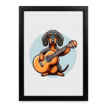 Chien Musicien Teckel avec Guitare - Affiche encadrée (27 × 37 cm) - noir - Devant