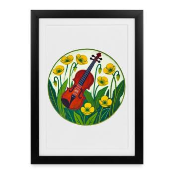 Violon vif au milieu des tournesols - Affiche encadrée (27 × 37 cm) - noir - Devant