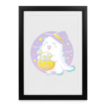 Whimsical Halloween Ghost with Candy Basket - Framed poster (27 × 37 cm) - black - Front