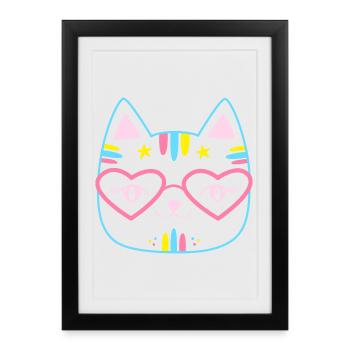 Visage de chat Kawaii avec lunettes en forme de cœur Rose Rose mignon - Affiche encadrée (27 × 37 cm) - noir - Devant