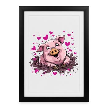 Heart piggy in pink mud - Framed poster (27 × 37 cm) - black - Front