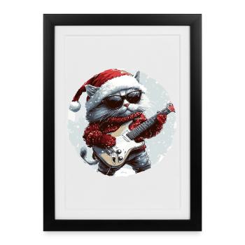 Katze Weihnachten Gitarre - Gerahmtes Poster (27 × 37 cm) - Schwarz - Vorne