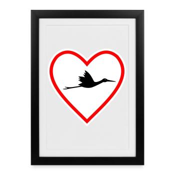 Bouclier de cœur Cigogne Cigogne Naissance - Affiche encadrée (27 × 37 cm) - noir - Devant