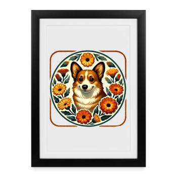 Cercle floral du Corgi Art populaire - Affiche encadrée (27 × 37 cm) - noir - Devant