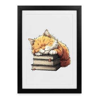 Cute Cat Sleeping on Book Pile - Framed poster (27 × 37 cm) - black - Front