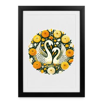 Cygnes dans le cercle fleuri doré - Affiche encadrée (27 × 37 cm) - noir - Devant
