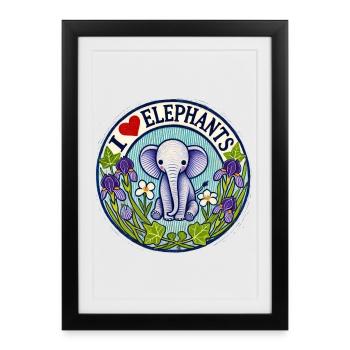 Cercle floral J’adore les éléphants - Affiche encadrée (27 × 37 cm) - noir - Devant