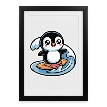 Surfeur Pingouin mignon - Affiche encadrée (27 × 37 cm) - noir - Devant