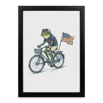 Grenouille drôle faisant du vélo avec drapeau américain - Affiche encadrée (27 × 37 cm) - noir - Devant