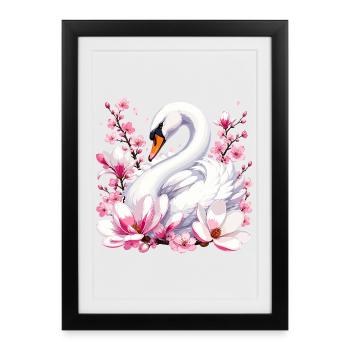 Cygne blanc avec des cerisiers en fleurs - Affiche encadrée (27 × 37 cm) - noir - Devant