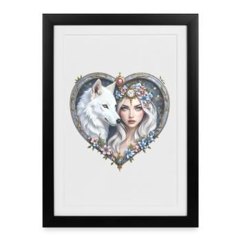 Floral Wolf Woman in Heart - Framed poster (27 × 37 cm) - black - Front