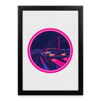 Voiture néon Cyberpunk Synthwave rétro - Affiche encadrée (27 × 37 cm) - noir - Devant