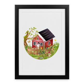 petite maison rouge avec jardin au printemps - Affiche encadrée (27 × 37 cm) - noir - Devant