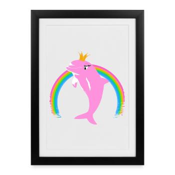 Rainbow Dolphin Couronne d’or Rose - Affiche encadrée (27 × 37 cm) - noir - Devant