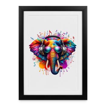 Éléphant coloré avec des écouteurs - Affiche encadrée (27 × 37 cm) - noir - Devant
