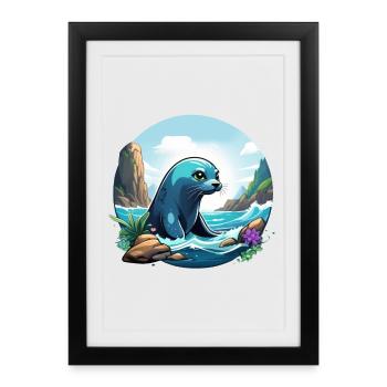 Phoque sur la côte - Affiche encadrée (27 × 37 cm) - noir - Devant