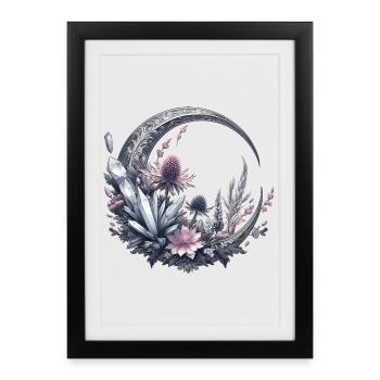 Crescent Moon in Silver, with Crystals and Flowers - Framed poster (27 × 37 cm) - black - Front