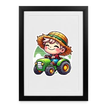 Petit garçon au chapeau de paille conduisant un tracteur vert - Affiche encadrée (27 × 37 cm) - noir - Devant