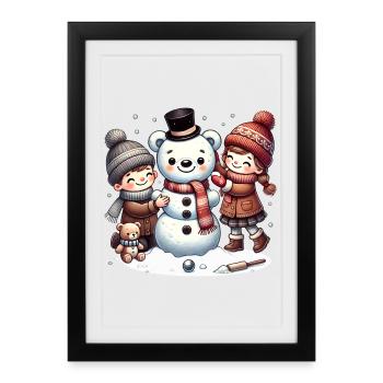 Plaisirs de l’hiver : les enfants construisent un bonhomme de neige en peluche - Affiche encadrée (27 × 37 cm) - noir - Devant