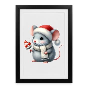 Cute Mouse with Santa Hat and Berry Branch - Framed poster (27 × 37 cm) - black - Front