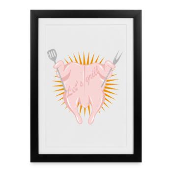 Poulet cru avec couverts de barbecue-Motif de barbecue amusant - Affiche encadrée (27 × 37 cm) - noir - Devant